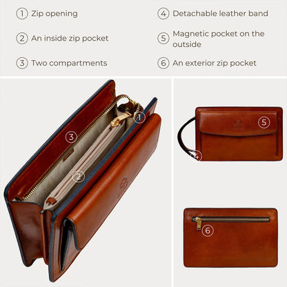 Time Resistance Leather Clutch for Men - Organizer Wrist Bag Briefcase - Handmade in Italy (Cognac Brown) - Gift Box Included