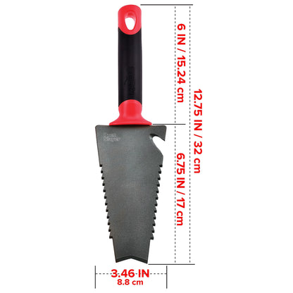 Root Slayer 16011 Garden Trowel with Serrated Blade for Digging and Root Cutting, Heavy Duty Steel Hand Tool, Red