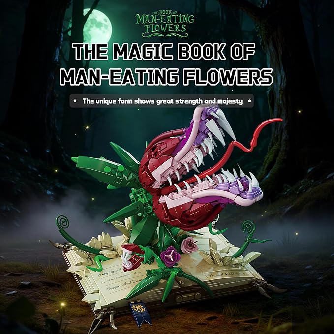 Piranha Plant Building Set for Adults Horror Shop of Cannibal Little Flower Model with Openable Mouth &amp Magic Base Book Gift for Tv Film Fans