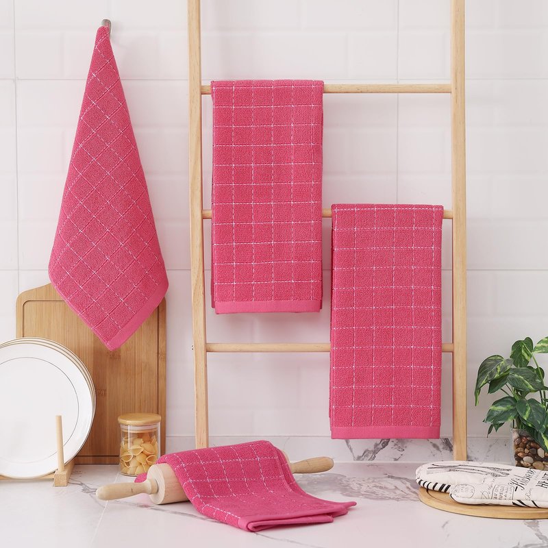 Homaxy 100% Cotton Terry Kitchen Towels(Rose Red, 13 x 28 inches), Checkered Designed, Soft and Super Absorbent Dish Towels, 4 Pack