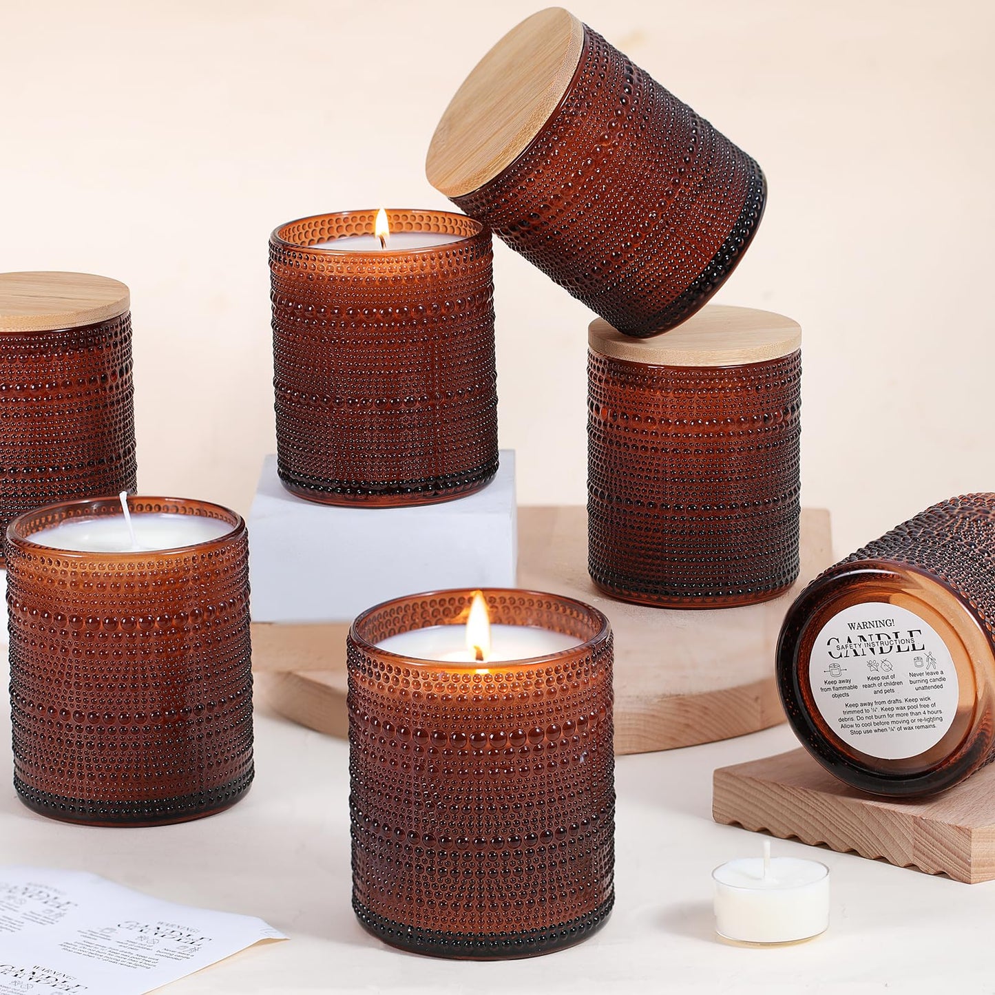 DARJEN 14 OZ Amber Candle Jars for Making Candles- 8 Pack Empty Glass Candle Making Jars with Bamboo Lids and Labels, Candle Making Supplies Candle Containers for Home DIY