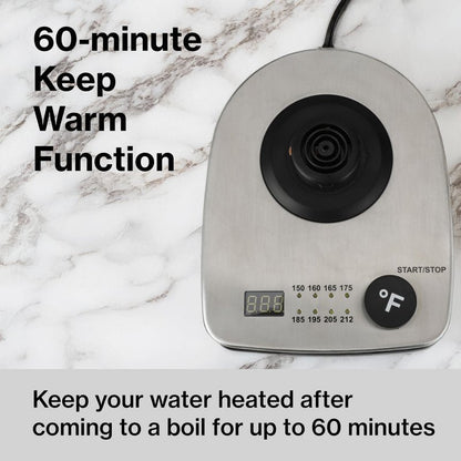 PantryPro Gooseneck Electric Kettle with Temperature Control, 34oz/1.0L Rapid Boil, Stainless Steel Interior, Auto Shut-Off, 1500W, Boil-Dry Protection, LED Indicator - Steel