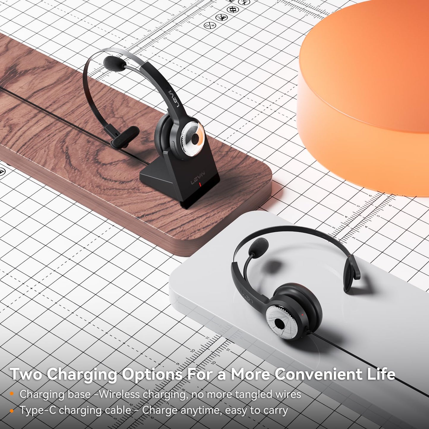 LEVN Wireless Headset with Mic for Work, Wireless Headset (Charging Base, Noise Cancelling & Mute Button), Long Battery Life, Bluetooth Headsets for Home/Office/Call Center/Laptop/Teams/Zoom, Black