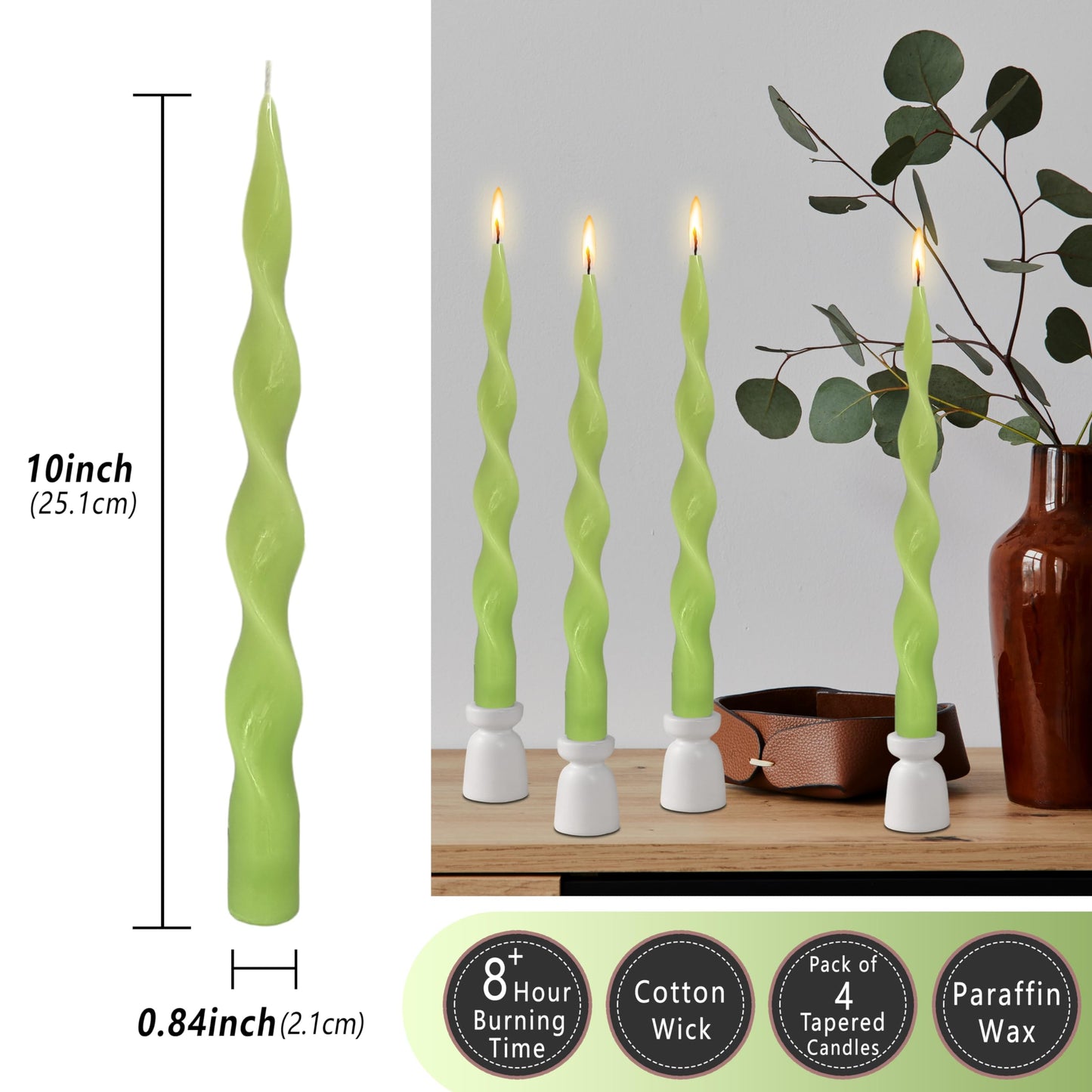 Sage Green Thin Candlesticks Spiral Taper Candle Twisted Candle Sticks 10 INCH Unscented Tapered Candles Smokeless Candles for Summer Rural Farmhouse Style Dinner Home Decor Party Wedding