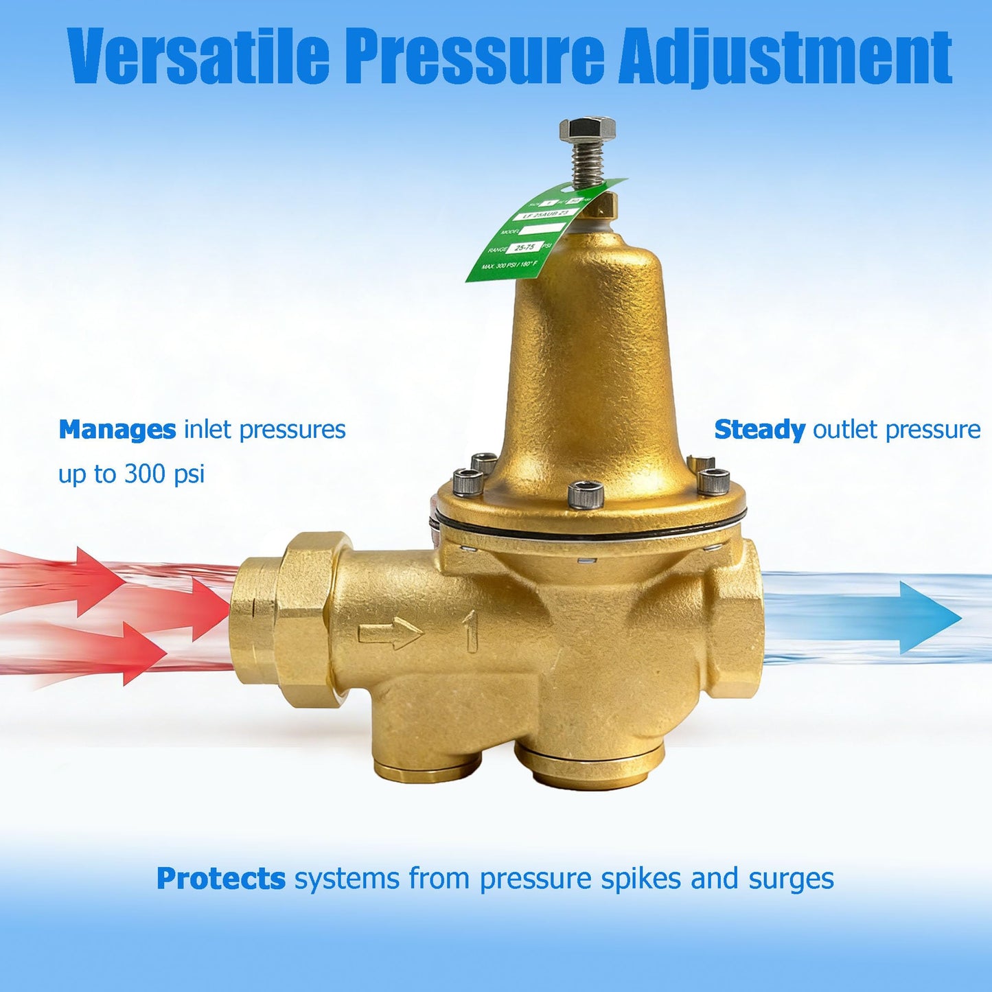 LF25AUB-Z3 1" Water Pressure Reducing Valve,Lead-Free Cast Copper Silicon Alloy,NPT Female Union x NPT Female Outlet,Polymer Seat, Adjustable Pressure 25 to 75 psi, Maximum 300 psi