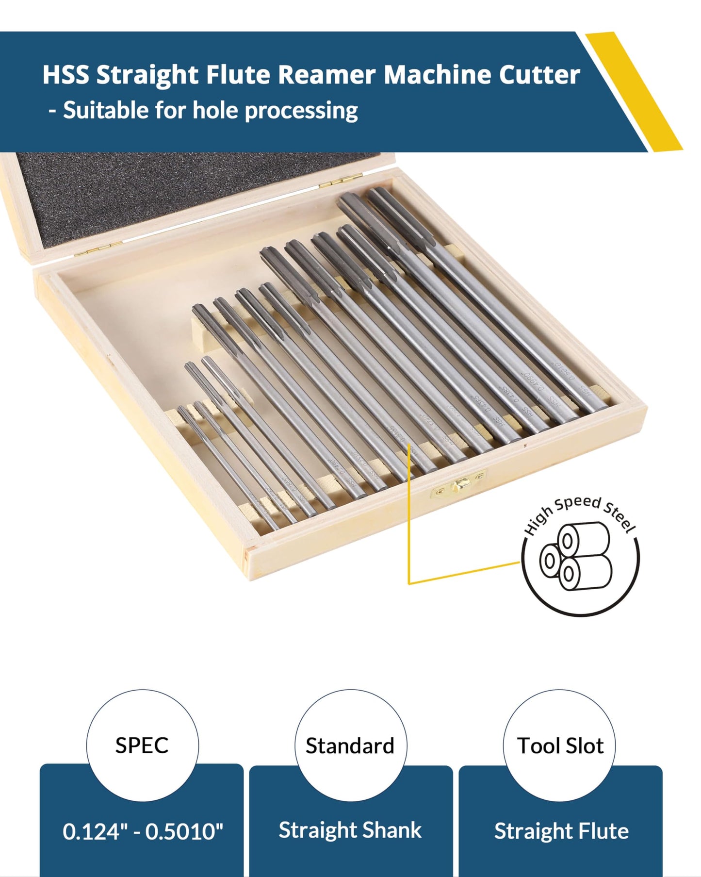 Premium HSS Chucking Reamer Set 14-Piece (0.1240" - 0.5010"), Straight Flute Right Hand Cut Machine Reamers with Upgraded Secure Wooden Case for Metalworking, Milling & Lathes