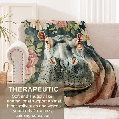 Hippo Blanket for Kids Boys Girls, Flannel Hippo Blankets Gifts, Floral Flower Hippo Throw Blanket for Sofa Couch Bed Living Room Soft Warm Cozy Hippo Decor 60" x 50"