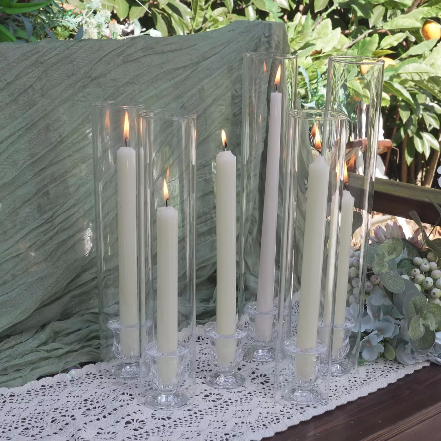CHILL RECIPE Hurricane Glass Candle Holders-Set of 6 Tall Taper Candle Holder with 12” Tall Clear Cylinder Covers for Wedding Table Centerpiece Home Decor (Floral Base+Clear Chimney)