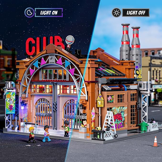 FUNWHOLE Factory House of Music Lighting Building Bricks Set - Street Fusion Music Club City Town Fully Accessible Multi-Form Modular Collection Kit 2654 Pcs for Adults &amp Teens &amp Street Cultur