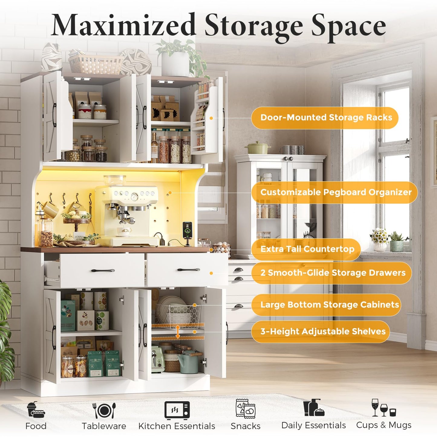 VK·LIVING 71" Kitchen Pantry Cabinet with LED Light & Charging Station, Farmhouse Storage Cabinet with Adjustable Shelves & 2 Drawers, Large Kitchen Pantry with Coffee Bar, White