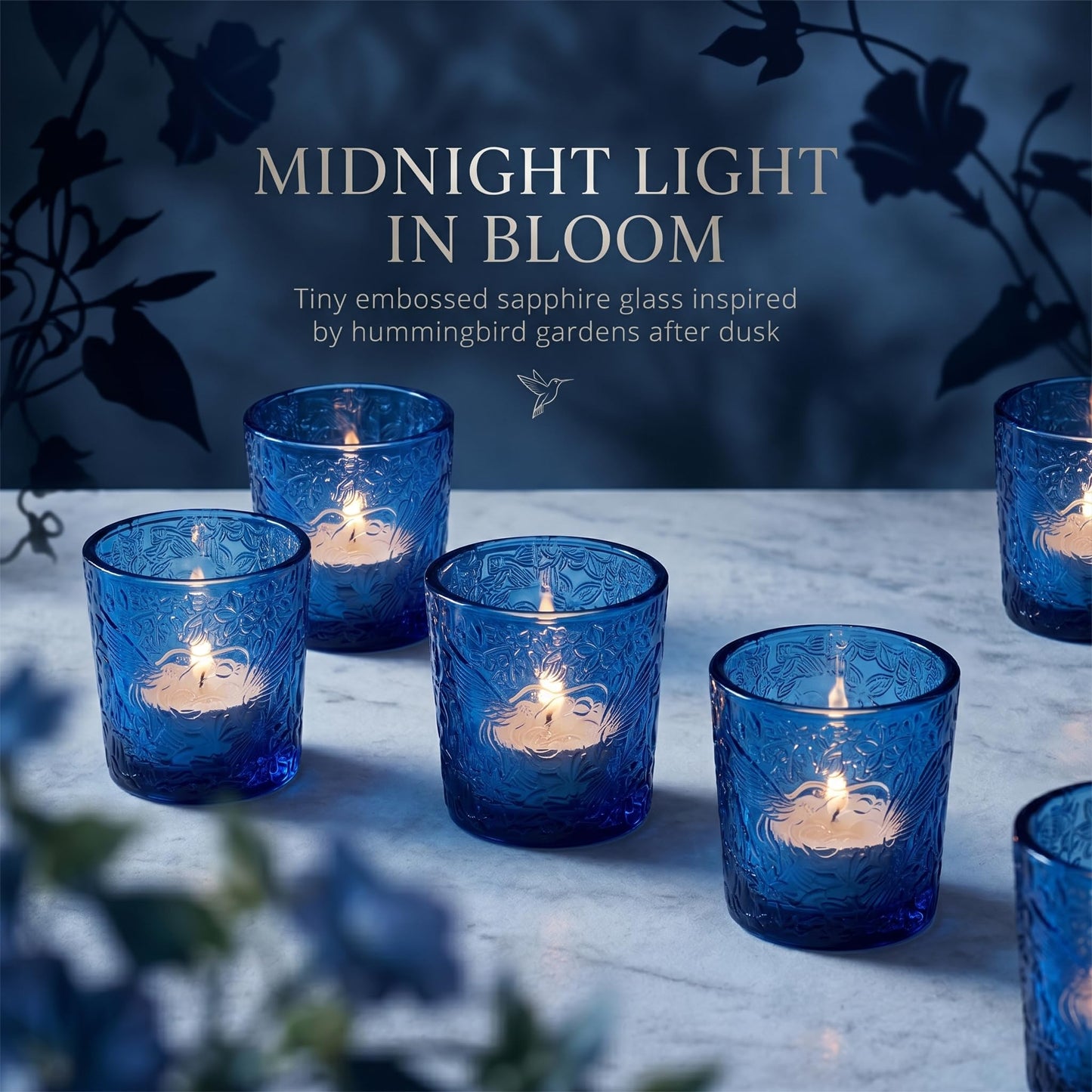 12 Pack Hummingbird Embossed Glass Candle Holders – Votive Tealight Holders with Patent Design, Decorative Embossed Glass Cups for Wedding Centerpieces, Parties, and Home Décor (Ocean Blue)