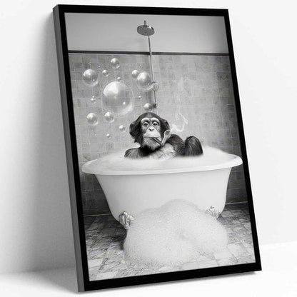 Framed Chimpanzee Wall Art - Fun Black and White Monkey Canvas Decor | 8x10 Inches for Bathroom or Man Cave