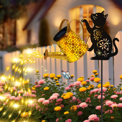 ostritec Solar Lights Outdoor Decorative, Watering Can with Cascading Lights, with Cat Silhouette Garden Stakes, Waterproof Metal Garden Decor for Yard Art, Outside, Patio, Lawn Ornaments