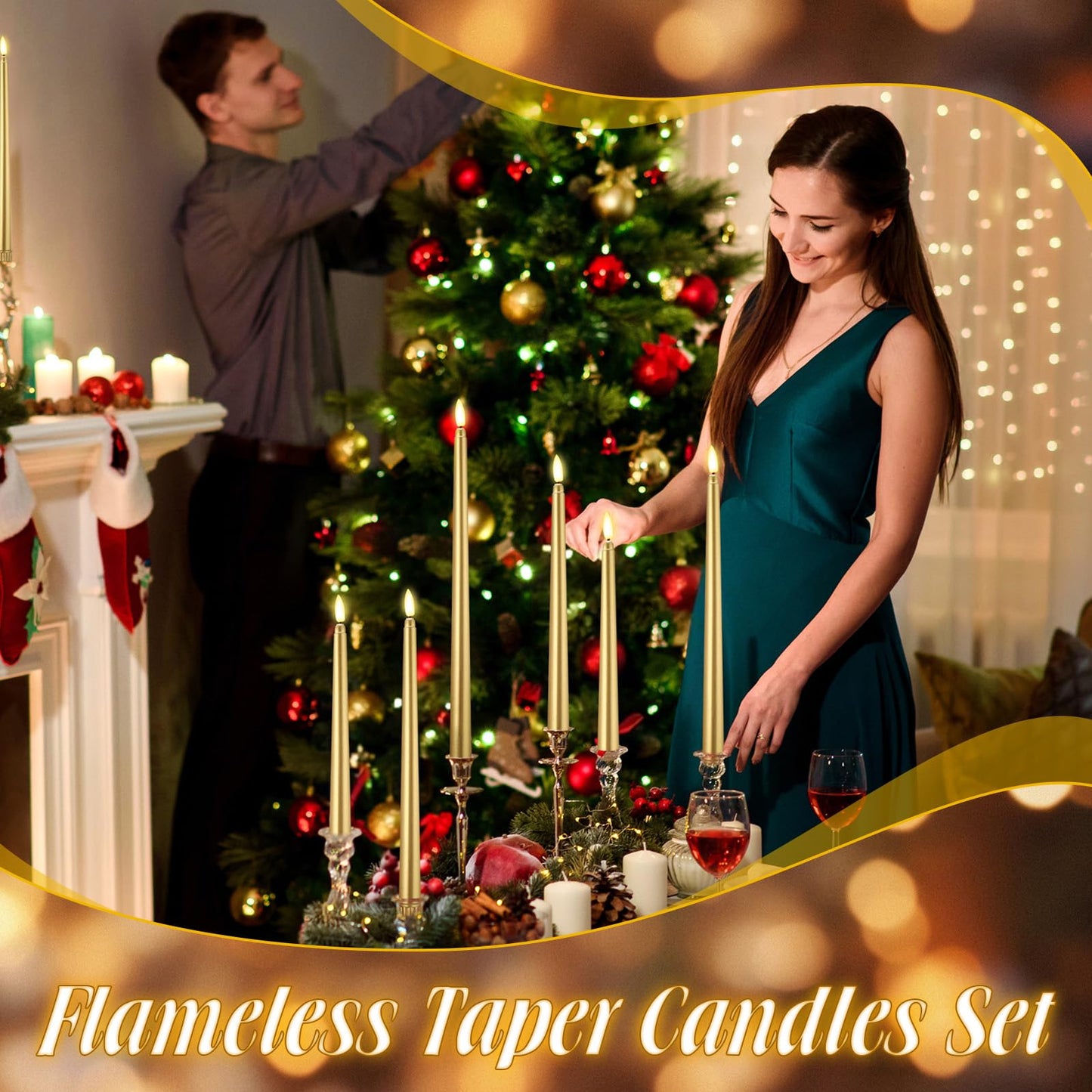 Rossesay 64 Pcs Wedding Flameless LED Taper Candles Battery Operated Candles 4 Sizes of 8.5'', 9.65'', 10.83'', 12.8'' Candlesticks Flickering for Halloween Christmas Church Wedding(Gold)