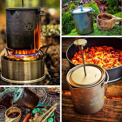 Bestargot Titanium Pot 750ml, Portable French Press | Ultralight Camping Pot for Coffee, Cooking & Survival | Compatible with Camp Stoves