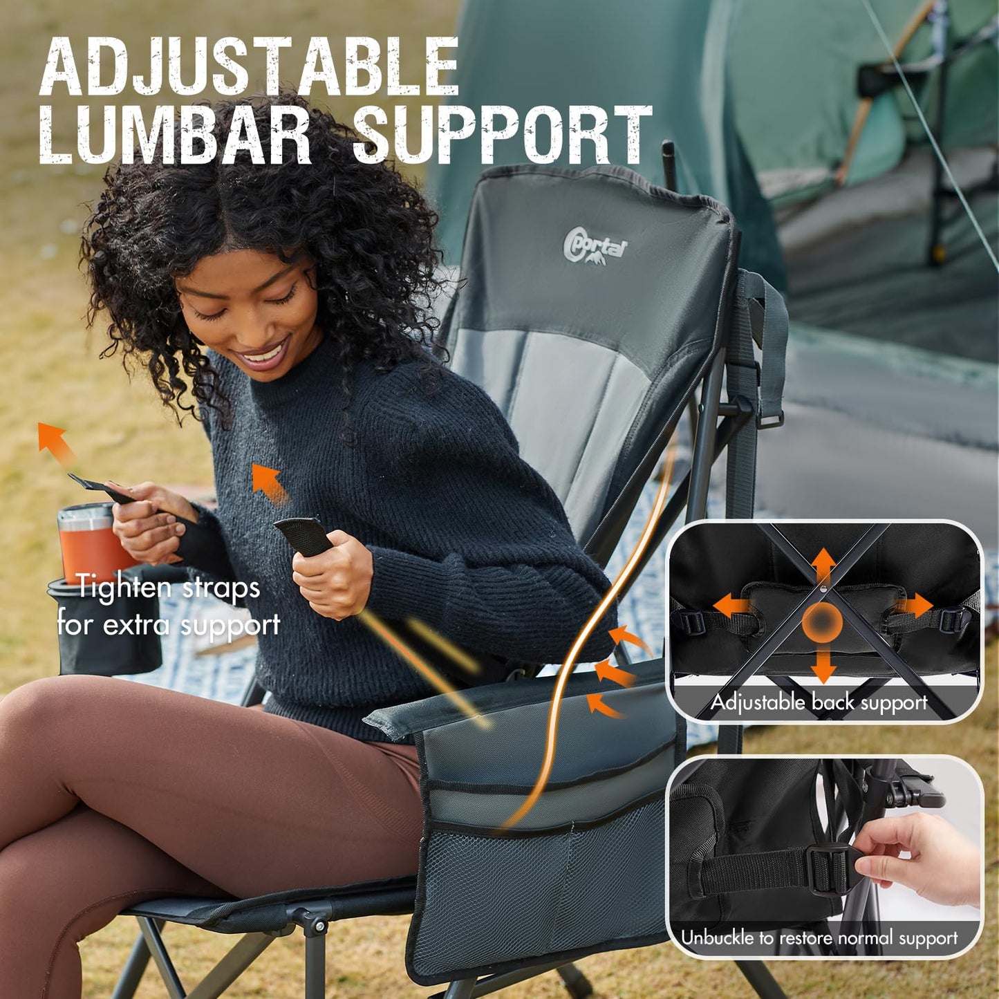 PORTAL Camping Chair with Lumbar Support for Adults Folding Portable High Back Oversized, 400LBS