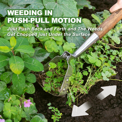 Haliaeetus Scuffle Hoe, 16.8'' Stirrup Hoe for Weeding Precisely in Raised Bed, Stainless Steel Action Hoe for Weeding in Push-Pull Motion, Hula Hoe with Compact Size for Weeding in Between Plants