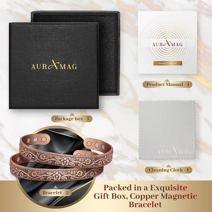 Auramag Copper Bracelets for Women, 99.99% Pure Copper Cuff Bangle with 3500 Gauss Magnets, Adjustable Jewelry with Gift Box(Set of 2)