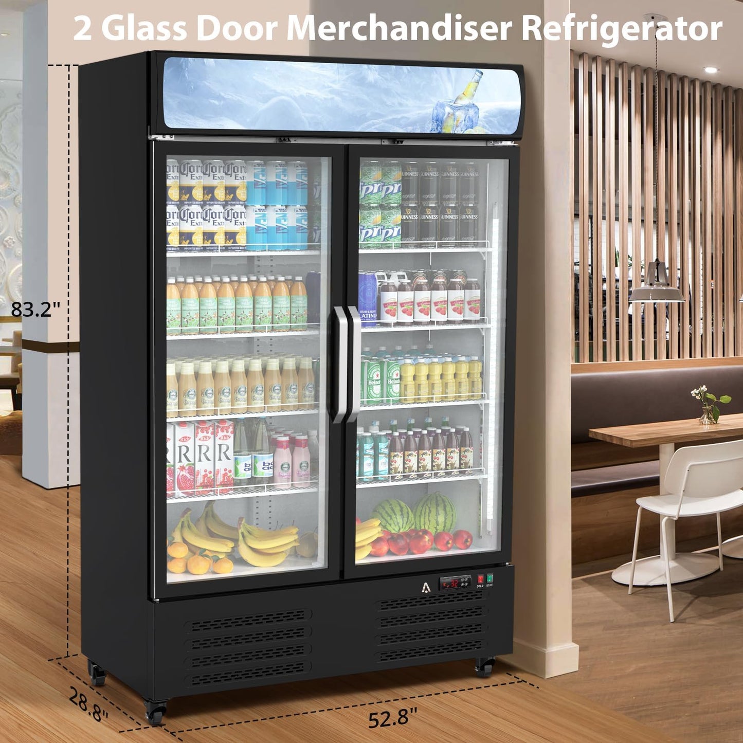 36.3 Cu.ft Commercial Beverage Refrigerator, Glass Door Upright Display Cooler, LED Light, Double Swing Doors, Adjustable Shelves, for Store, Restaurant, Bar, Office, Home