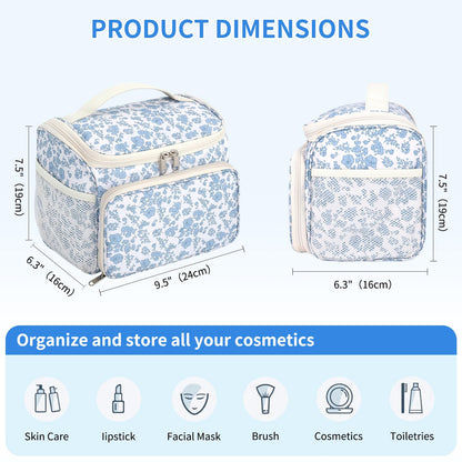 CUBETASTIC Travel Makeup Bag, Floral Make Up Bag with Brush Compartment, Vertical Storage Toiletry Bag with Partitions, Large Make Up Pouch for Women, Portable Makeup Case with Multi-Pockets