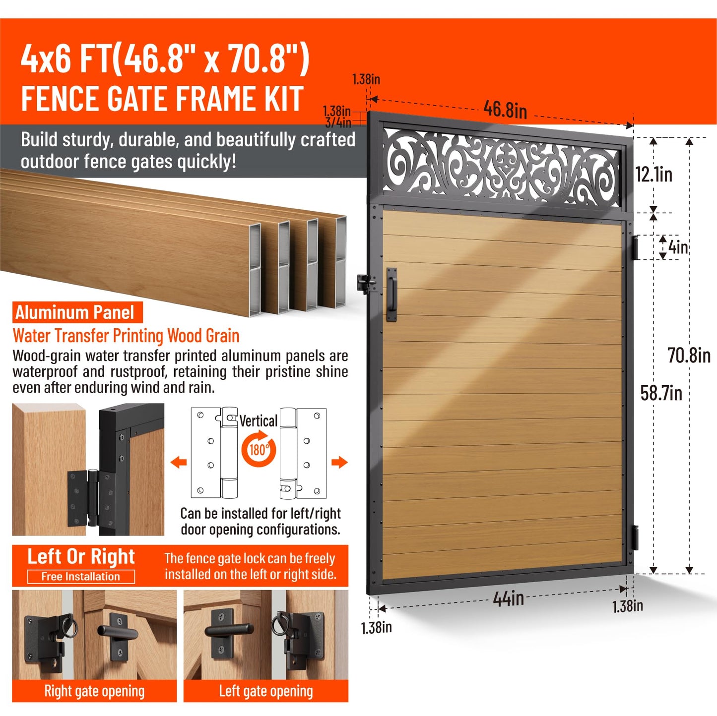 Uphode 4x6 FT(46.8" x 70.8") 201 Stainless Steel Fence Gate Kit Heavy Duty, Anti Sag Metal Fence Gate Frame Kit with Board, Morden Garden Gate Hardware Kit Outdoor (Left/Right Free-Installation)