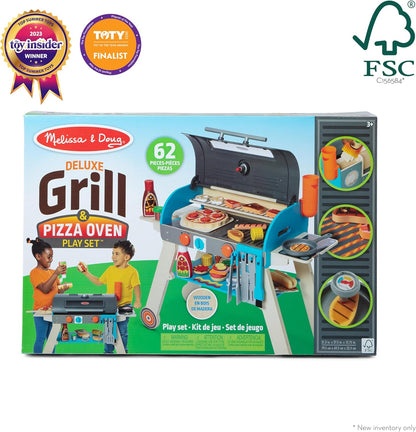 Melissa & Doug Deluxe Wooden Barbecue Grill & Smoker | Kids Play Kitchen Set with Pizza Oven & Toy Food - FSC Certified for Ages 3+