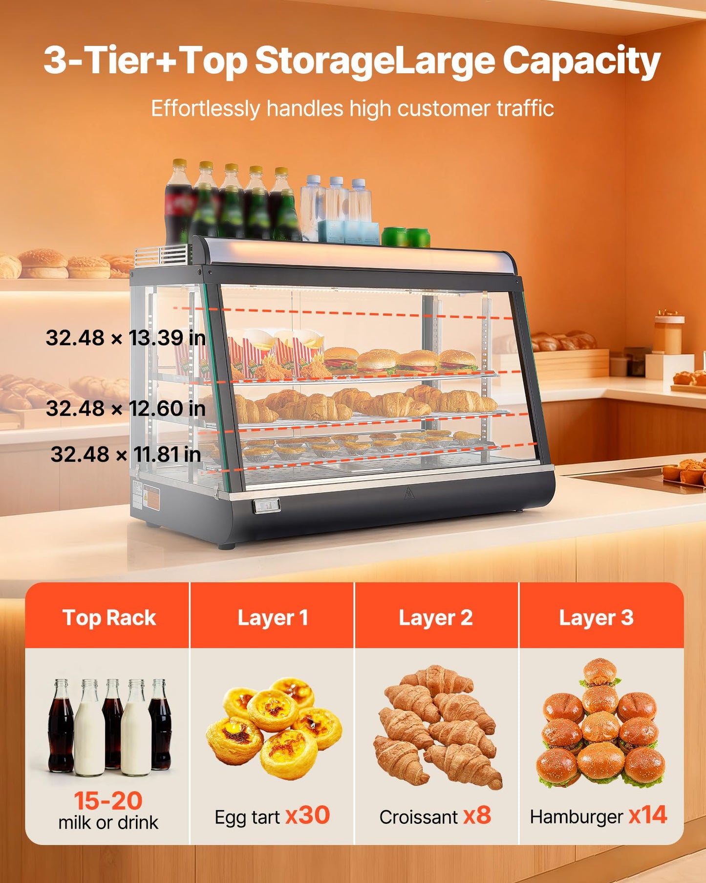 VEVOR 3-Tier Commercial Food Warmer Display, 1400W Food Display Warmer with LED Light, Top Storage and Adjustable Shelves, 86℉~185℉ Steam Heating, 105L for Hamburger, Pizza, Bread, Fried Chicken
