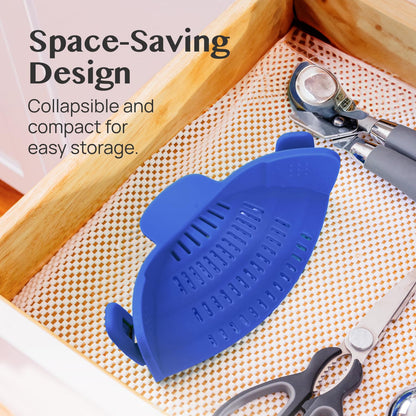Kitchen Gizmo Snap N' Strain - Silicone Clip-On Strainer for Pots, Pans, and Bowls - Heat-Resistant Kitchen Gadgets, Essential Colander Drainer for Vegetables and Pasta - 7.87x2.76x4.53-Inch (Blue)