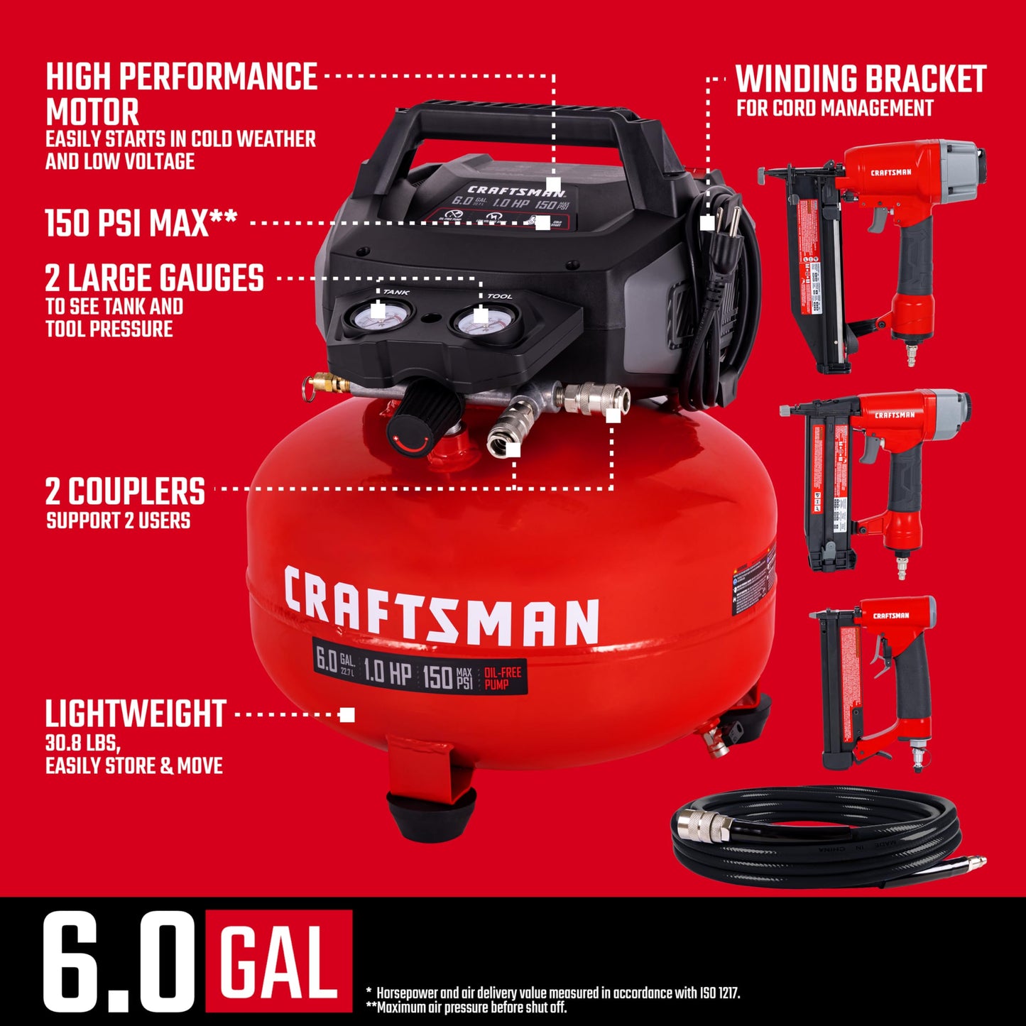 Craftsman 6-Gallon Pancake Air Compressor 4-Tool Combo Kit, 150 PSI, Oil-Free, Includes 16GA Finish Nailer, 18GA Brad Nailer, 23GA Pin Nailer & 25-Ft Air Hose, Model CMXECXA0210641K