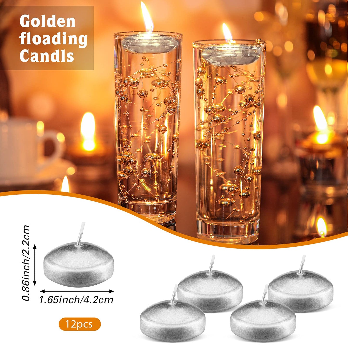 Nuanchu 12 Pieces 1. 65 Inch Floating Candles for Wedding Centerpiece, Small Unscented Floating Round Tealights Metallic Smooth Wax Disc Candles for Graduation Dinner Home Decor(Silver)