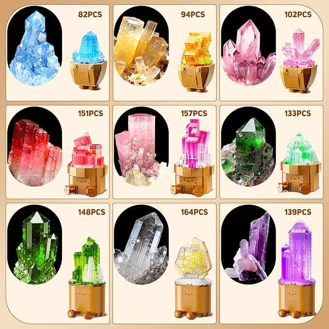 9 Pack Easter Party Favor Mineral Mini Building Set with LED Light 1170PCS Crystals Flower Bonsai Block Toy for Goodie Bag Fillers Classroom Prizes Birthday Gift for Kids Adults Women