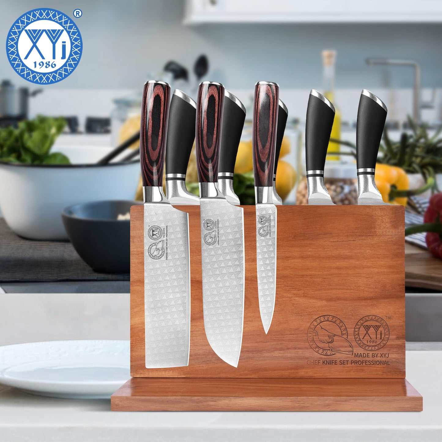 XYJ Authentic Since 1986, Magnetic Knife Block, Double Side Kitchen Knife Stand, Acacia Wood, Magnetic Knife Holder with Strong Enhanced Magnets,Knives Storage Rack Stand for Home Kitchen