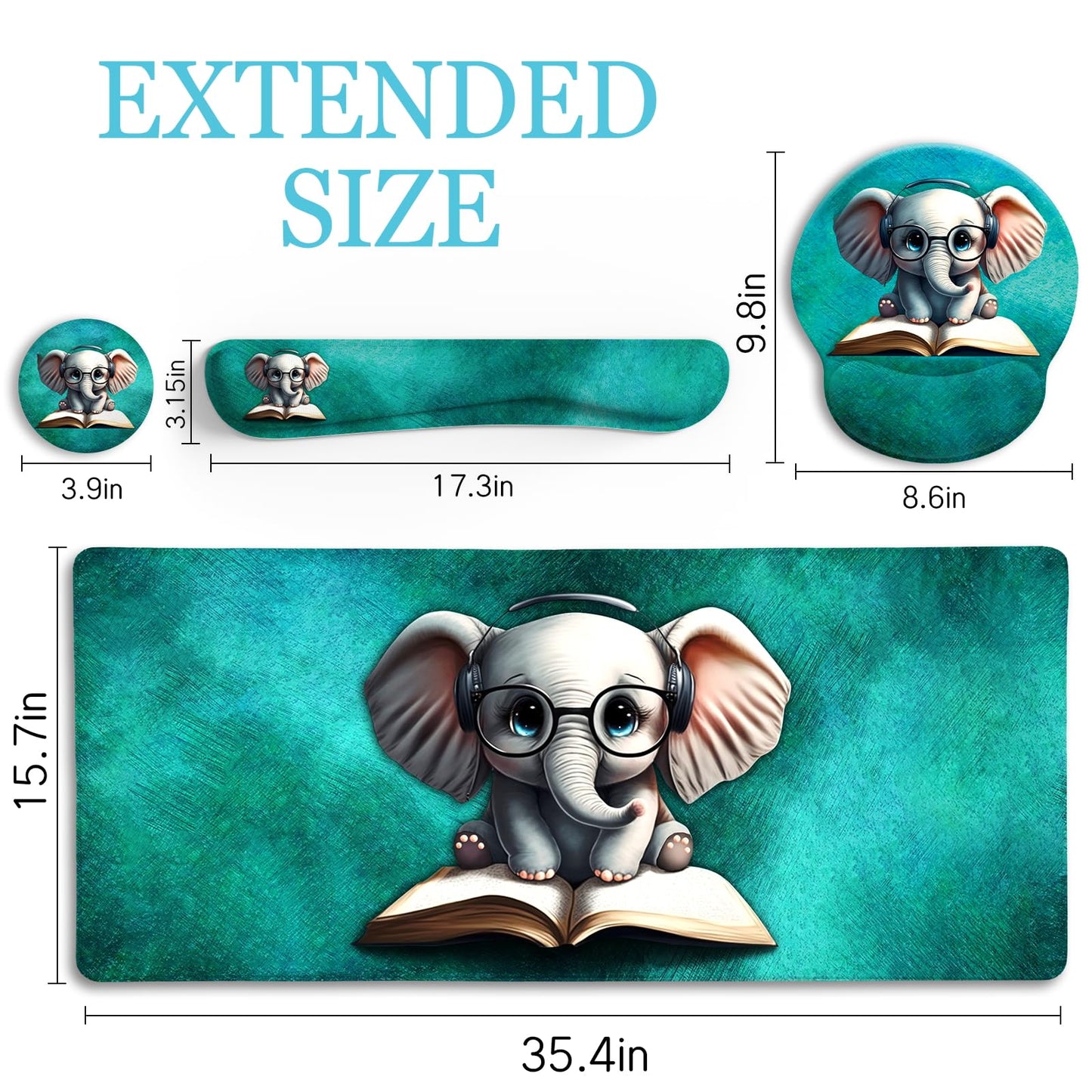 LIMKRIAN Desk Mat Pad, Large Gaming Mouse Pad with Wrist Rest Wrist Support, Ergonomic Mouse Pad Keyboard Mat Wrist Rest, Cup Coaster, Home Office Desk Accessories Decor Supplies, Cute Elephant