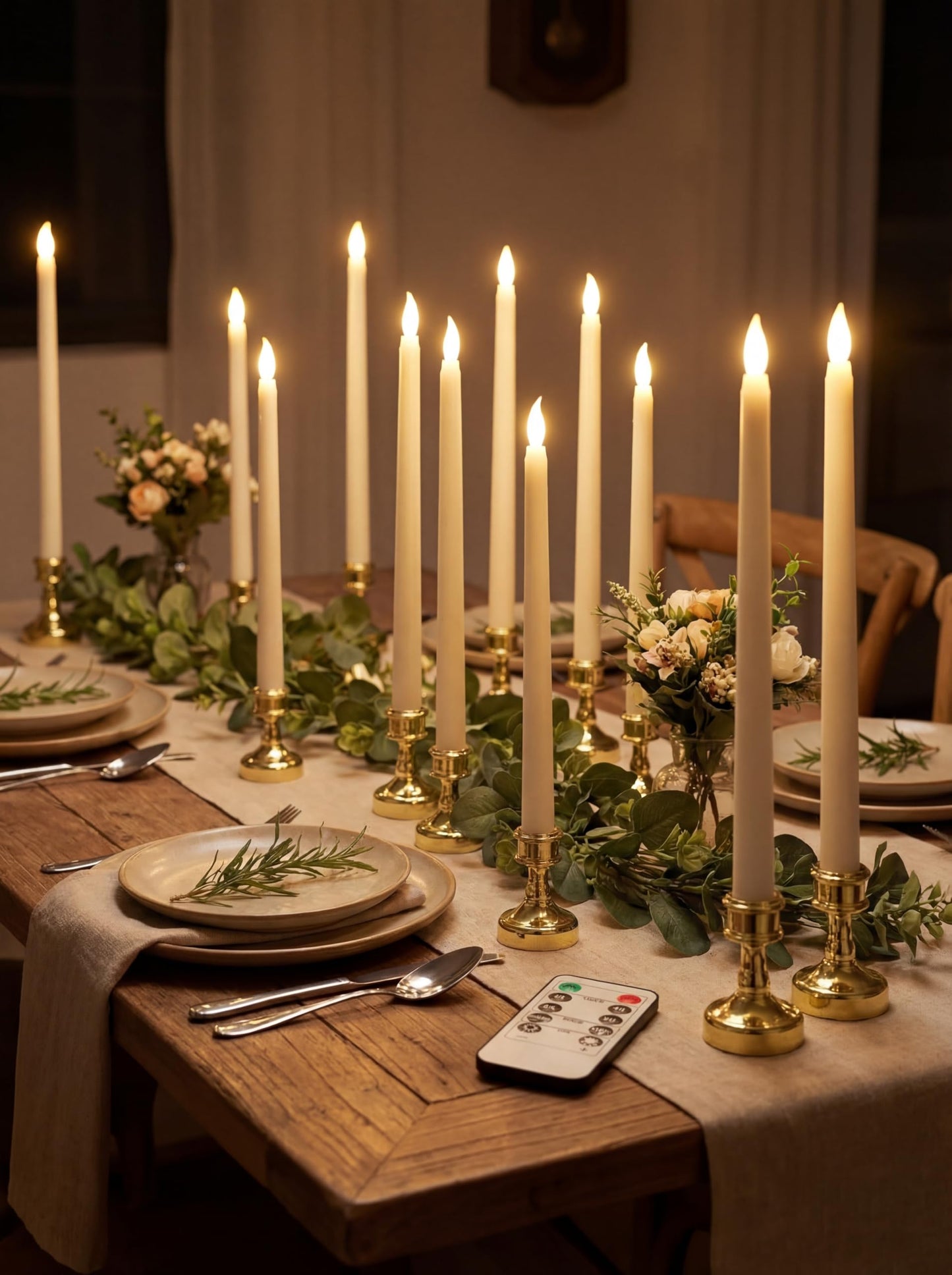 VIHOSE 24 Pcs Flameless Taper Candles with Holders Remote Timer Battery Operated Candles Bulk LED Candlesticks Flickering for Valentines Wedding Home Window Carnival Party Decor(Gold,Classic Style)