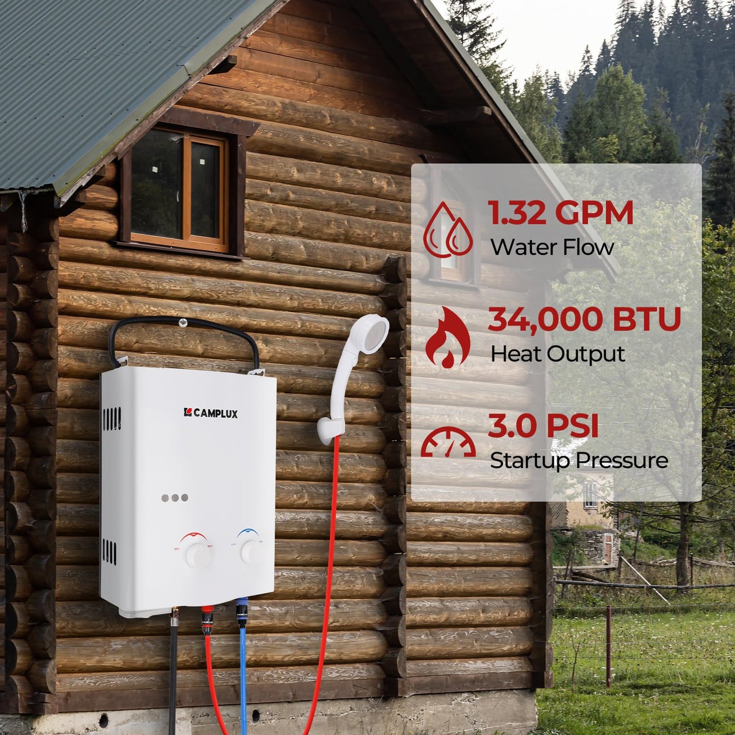 CAMPLUX 5L 1.32 GPM Outdoor Portable Propane Gas Tankless Water Heater With 1.2 GPM Water Pump