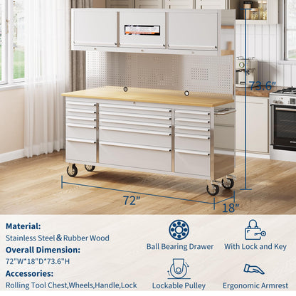 EliteEdge 72" Heavy-Duty Rolling Tool Chest & Workbench | 15-Drawer Mobile Tool Cabinet with 3 Top Lockers, Lockable Wheels & Key Lock | for Professional Garage & Workshop Storage
