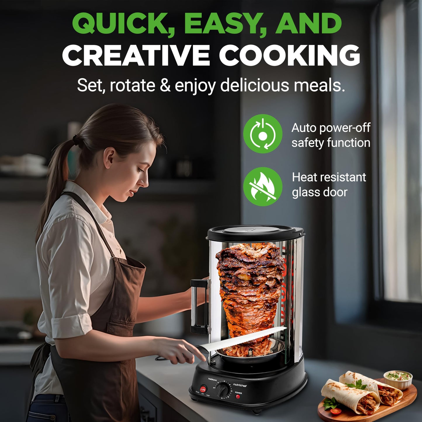 NutriChef Countertop Vertical Rotating Oven - Rotisserie Shawarma Machine, Kebob Machine, Stain & Heat Resistant Door & Energy Efficient, Includes Kebob Rack with 7 Skewers (PKRTVG34)