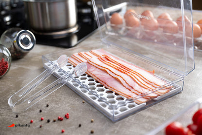 Pikanty Bacon Container for Refrigerator with Tongs & Drain Tray — Airtight Deli Meat Keeper, Cheese & Cold Cuts Storage, Dishwasher & Freezer Safe, Made in USA