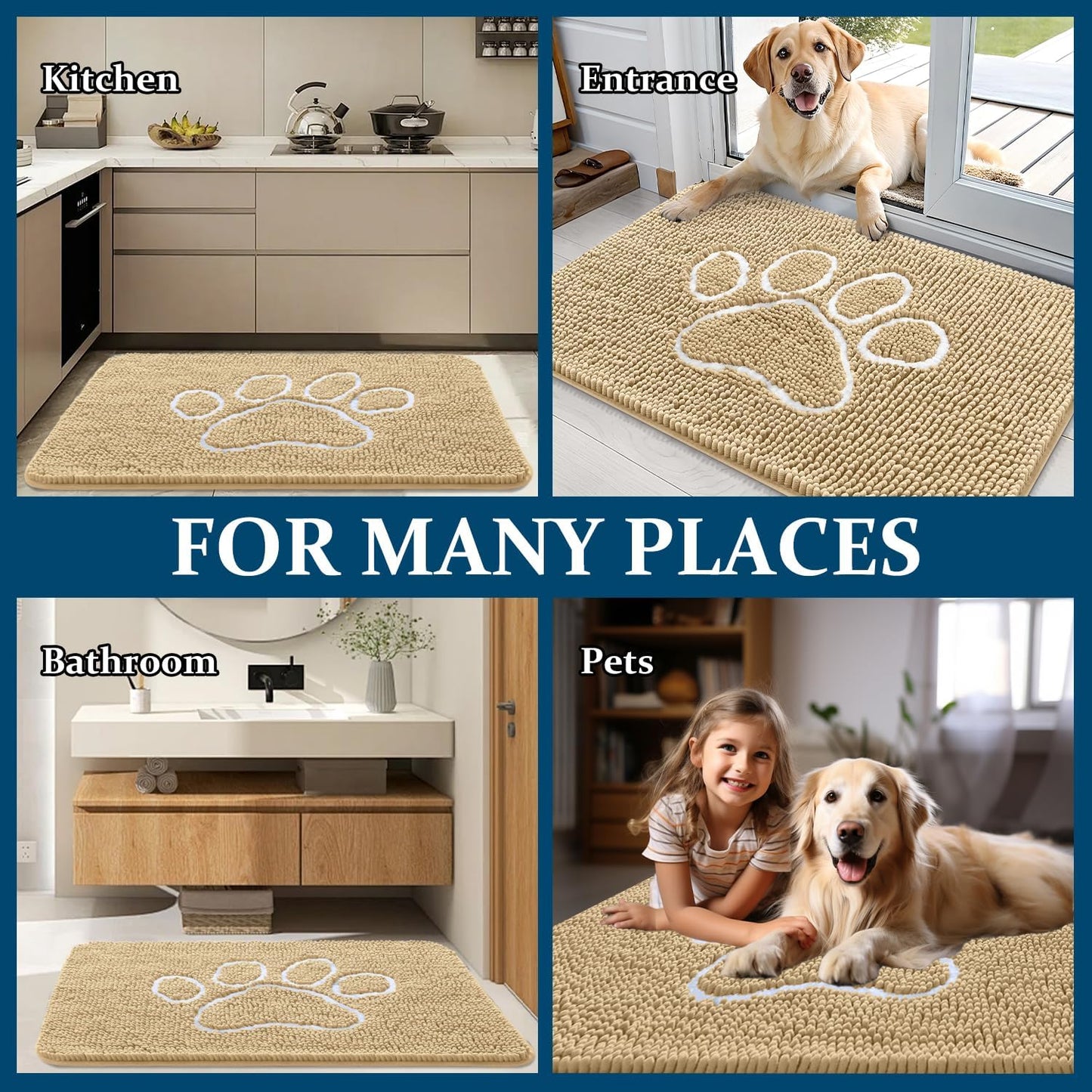 OLANLY Dog Door Mat - Absorbent Non-Slip Mud Mat for Muddy Paws | 59x24 Paw Print Design, Quick Dry Beige