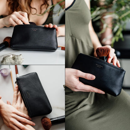 BERLINER BAGS Premium Genuine Leather Makeup Bag Anna, Cosmetic Bag for Purse, Travel and Cosmetics Pouch with Zipper for Women - Black