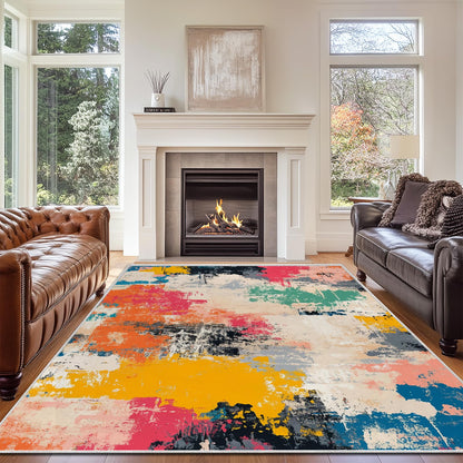 5x7 Colorful Area Rug Modern Abstract Beige Orange Yellow Pink Blue Black White Grey Rug Bedroom Low Pile Thin Large Carpet Living Room Non Slip Dining Room Stain Resistant Office Washable Machine