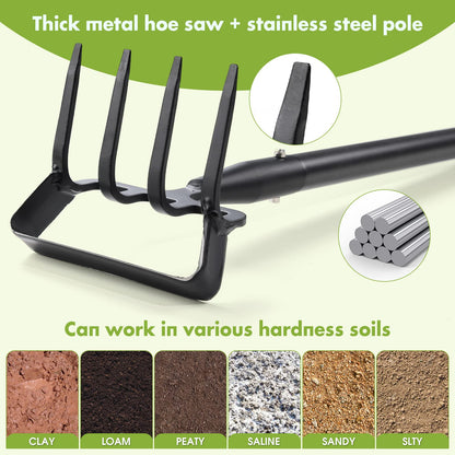 Garden Hoe, 4 Tines Hand Weeding Hoe Garden Tool and Cultivator Long Handle 62", Action Stirrup Scuffle Field Digging Hoe Heavy Duty for Lawn Gardening Weed