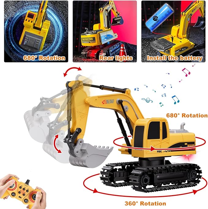 RC Excavator and Dump Truck Toy Set for Kids - 11 Channel Remote Control Construction Vehicle with Lights and Sounds Music 2.4Ghz Rechargable Digger Car Gifts for Boys Kids Ages 6-8