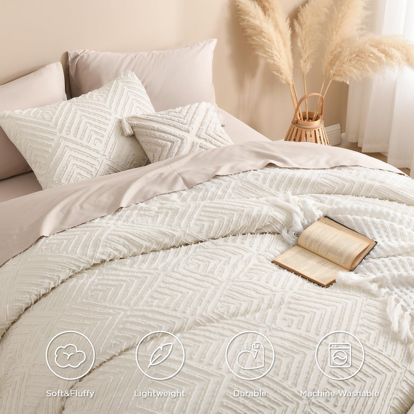 Andency Beige California King Comforter Set, 3 Pieces Cream Boho Tufted Cal King Bedding Set & Collections, Soft Lightweight Down Alternative Bed Set (104x96In, 2 Pillowcases)