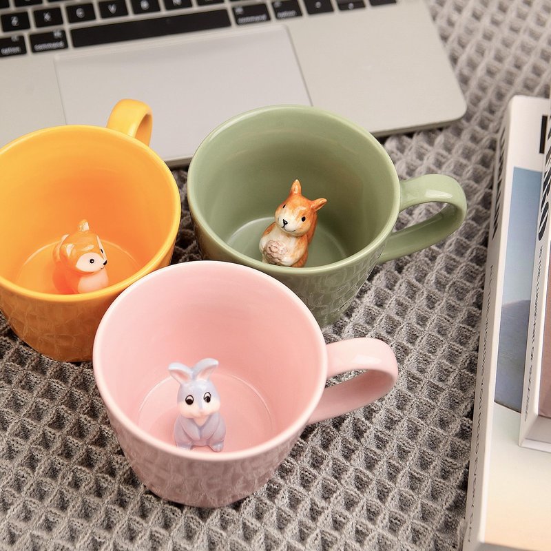 Ceramic Mug with 3D Animal Inside, Cartoon Handmade Figurine Mugs, Cute Coffee Mug With Interesting Design, Holiday and Birthday Gift for Coffee and Milk Tea Lovers (Rabbit)