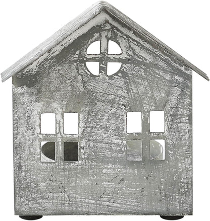 Antique Grey Metal Village House Tealight Holder - 3.25x2.75x2 Inch Decorative Accent