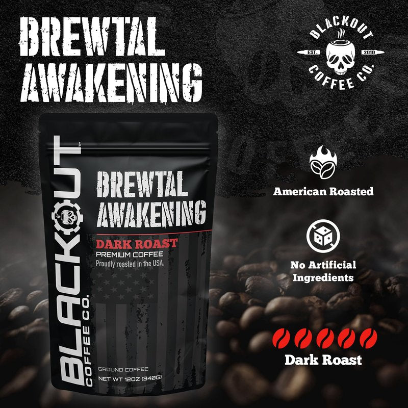 Blackout Coffee Brewtal Awakening Ground Coffee – Dark Roast, Bold Flavor – Freshly Roasted 12oz Bag