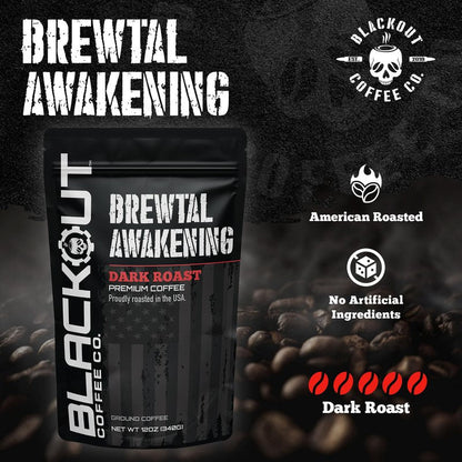 Blackout Coffee Brewtal Awakening Ground Coffee – Dark Roast, Bold Flavor – Freshly Roasted 12oz Bag