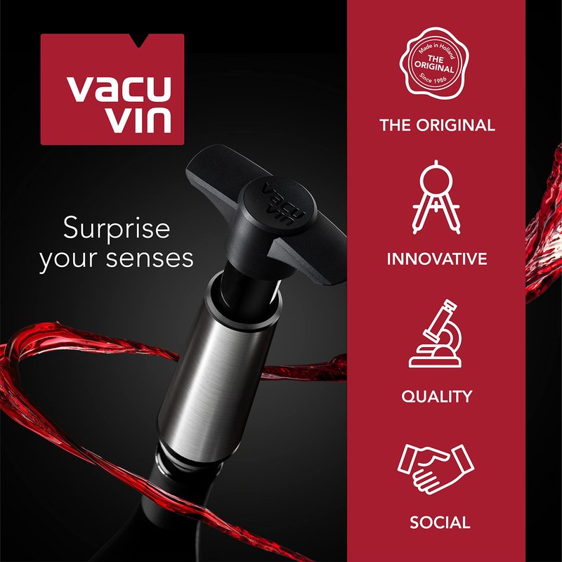 Vacu Vin Wine Saver Pump Red with Vacuum Wine Stopper - Keep Your Wine Fresh for up to 10 Days - 1 Pump 2 Stoppers - Reusable - Made in the Netherlands