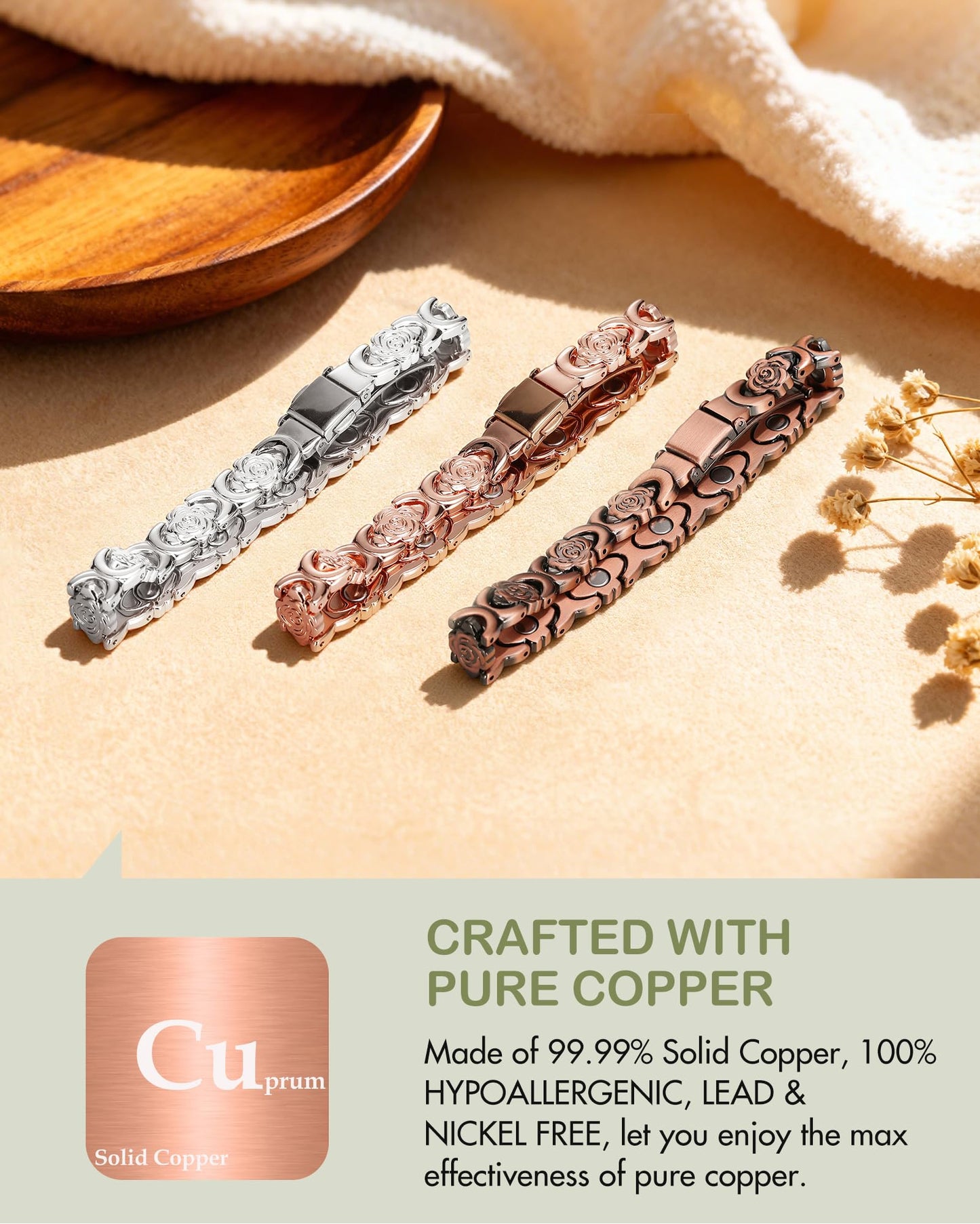 Feraco Pure Copper Bracelets for Women, Ultra Strength Magnetic Bracelet for Women with 3800 Gauss Magnet, Adjustable Flower Real Copper Jewelry Gift with Infinite Rose-Engraved (Copper)